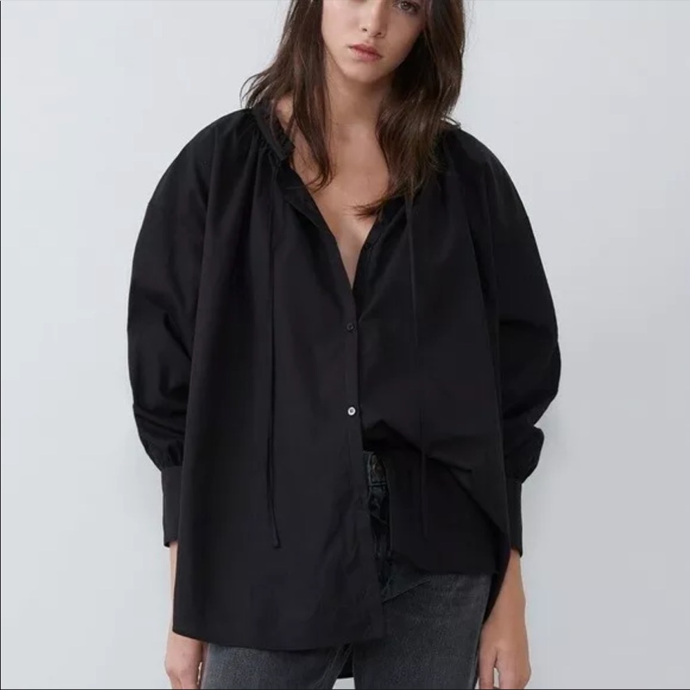 Zara oversized black button down tie ruffle neck shirt